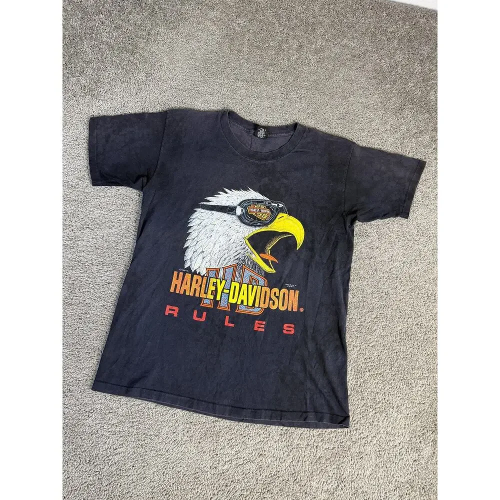 Vintage 90s Harley Davidson Shirt Mens Large Black RULES Screaming Eagle Faded